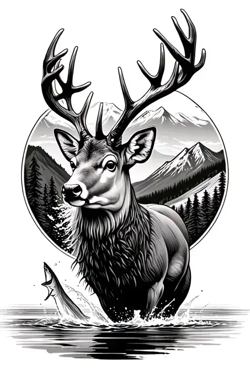 Trout jumping out water right below a giant mule deer buck head with a mountain range behind and above the deer tattoo design idea
