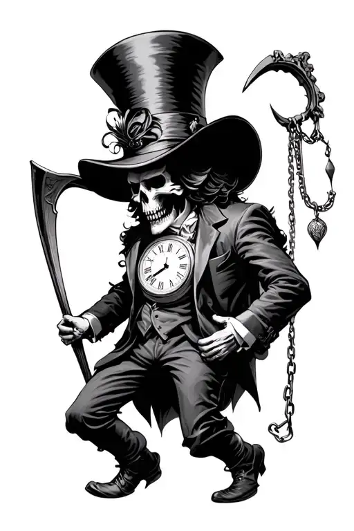 mad hatter's hat on top of full bodied death looking menacing while he holds a clock hanging from a chain and scythe.  tattoo design idea