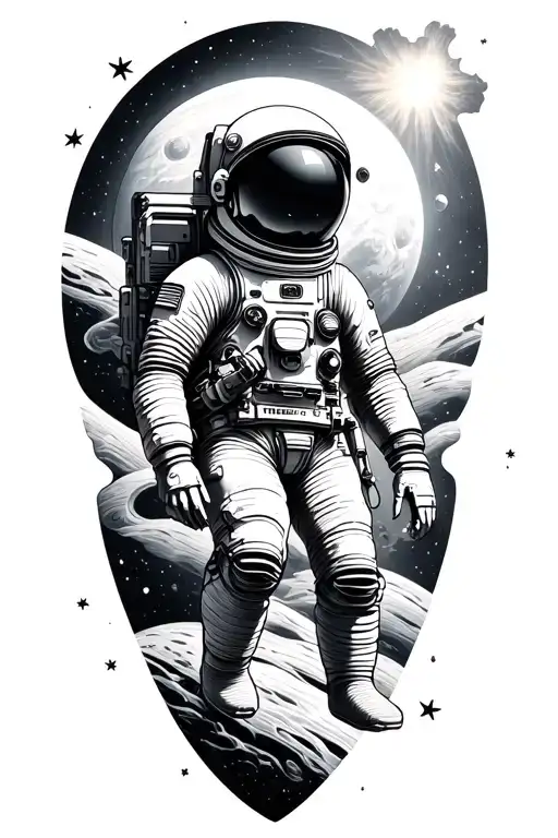 astronaut floating in space patchwork sleeve tattoo design idea
