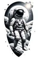 astronaut floating in space patchwork sleeve tattoo design idea