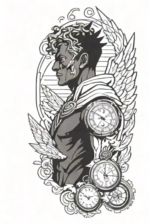 A minimalist Appa, Giorno's golden wing theme, Tardis or Weeping Angel, Ekko Stopwatch, Icarus, Zeus Bust forearm sleeve tattoo design idea