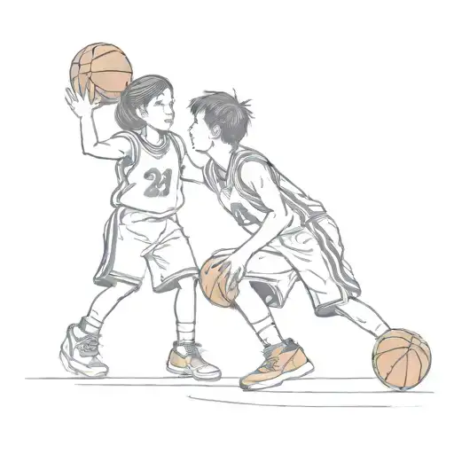 girl & boy playing basketball, simple design, girl wearing  #8 jersey and boy wearing #24 jersey. facing each other tattoo design idea
