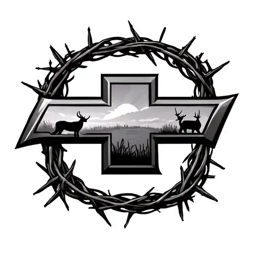 Chevrolet symbol made out of barbed wire with hunting scene inside the symbol  tattoo design idea