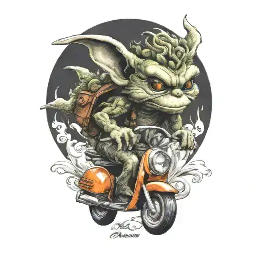 gremlin riding a scooter curly hair gappt  tattoo design idea