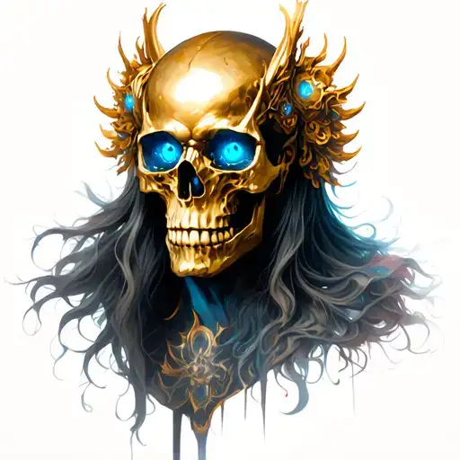 A surreal, mythological tattoo design featuring a humanoid god-like figure with a golden skull head, glowing blue eyes, tattoo design idea