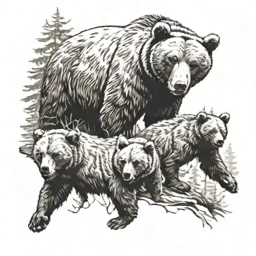 a bear with a grin, a she-bear and three cubs against the background of a forest tattoo design idea