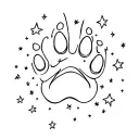 Fantasy book, Labrador Dog paw print, stars, moon surrounded, sagittarius constelation tattoo design idea