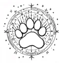Fantasy book, Labrador Dog paw print, stars, moon surrounded, sagittarius constelation tattoo design idea