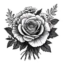 rose, carnation, carnation, aster, aster bouquet wrapped tattoo design idea