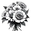 rose, carnation, carnation, aster, aster bouquet wrapped tattoo design idea