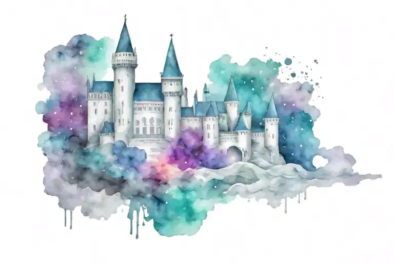 Black and white medieval castle with colorful galaxy background tattoo design idea
