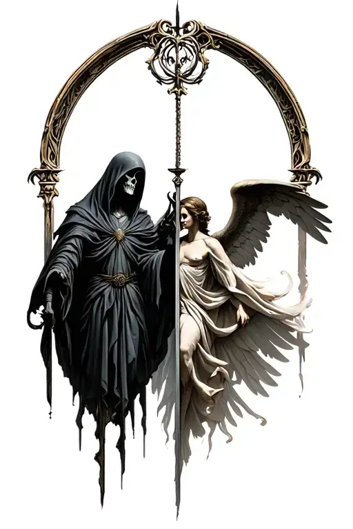 A combination of a reaper and arch angel symbolizing the balance between life and death tattoo design idea