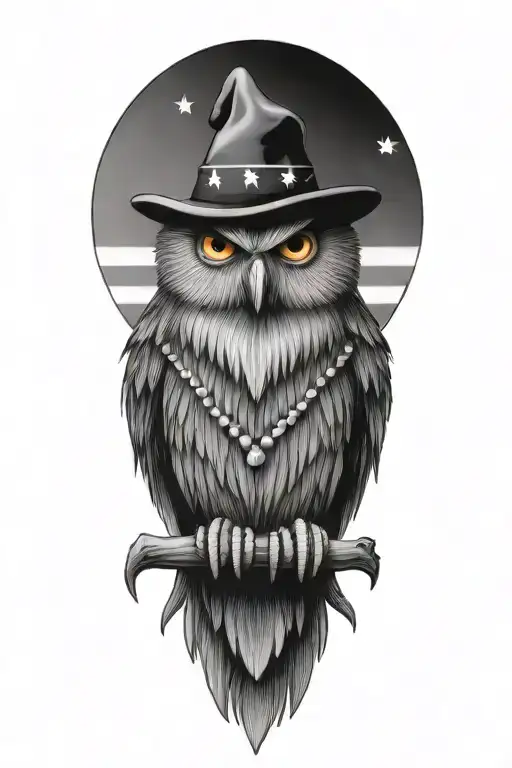 wizard owl with Native American necklace and earring and american flag tattoo design idea