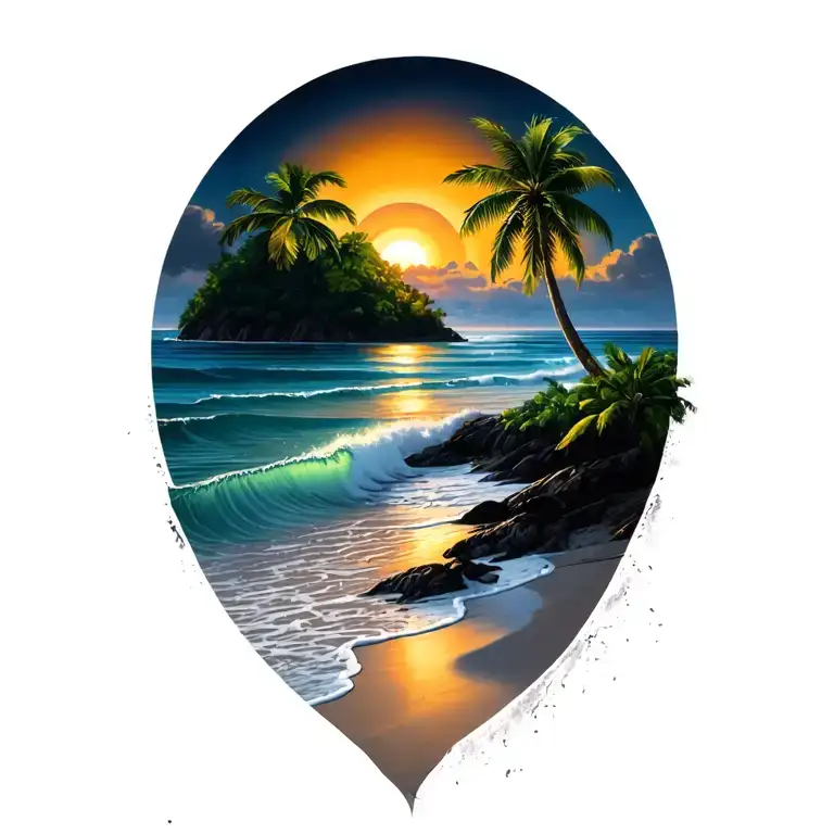 Costa Rica beach sunset with one palm and island in background and waves breaking on beach tapering off at bottom tattoo design idea