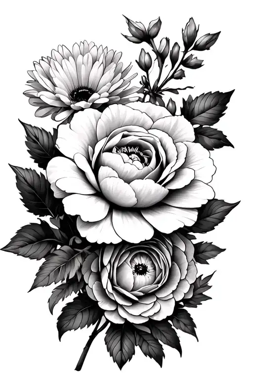 peony, rose, poppy, nacissus, chrysanthemum, Hawthorne, primrose, morning glory flower tattoo design idea