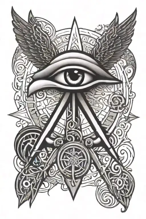 eye horus and ankh with 444 and raven mit pentagram tattoo design idea