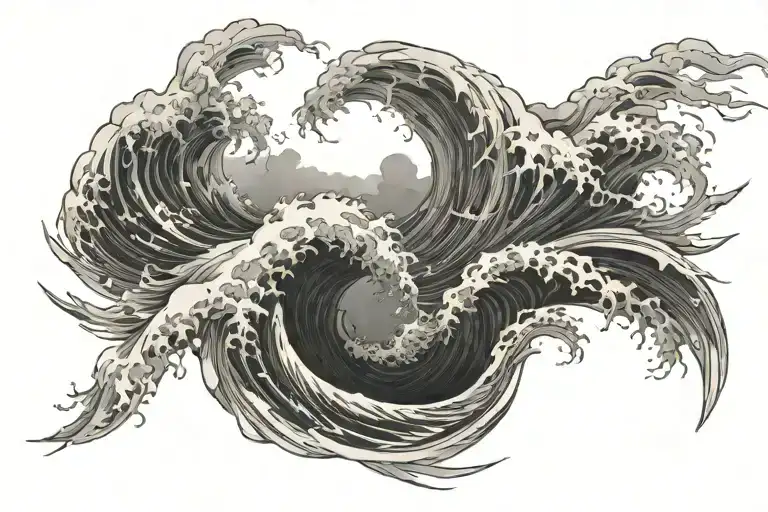 chaotic storm at sea, with jagged waves crashing beneath swirling, textured clouds, a beam of radiant, ethereal light tattoo design idea