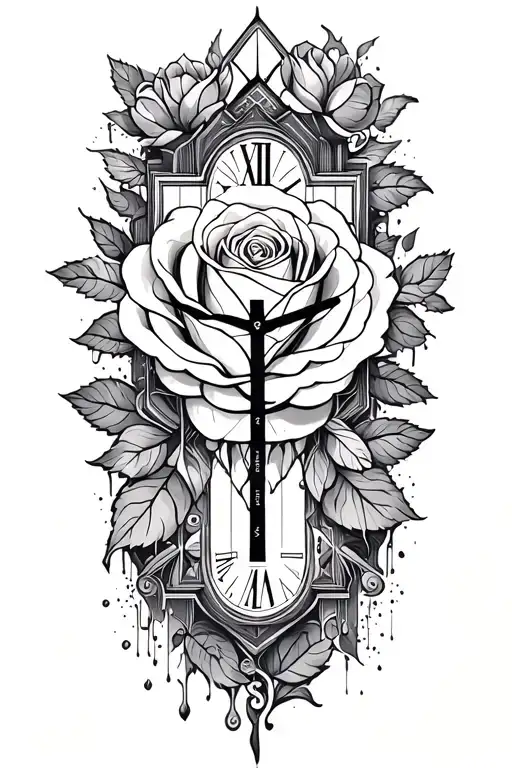 rose, cross and clock melting tattoo design idea