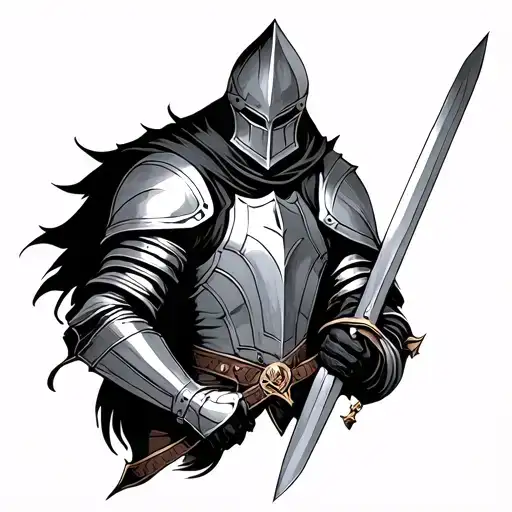 Generate tattoo that is styled to dark fantasy with knight holding a sword. The knight can be in different poses.  tattoo design idea