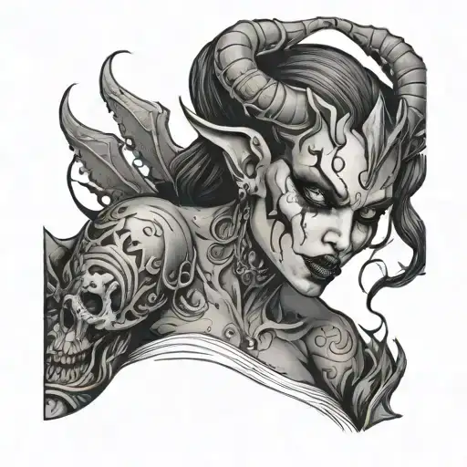 female demon with piercings sexy nightmare tattoo design idea