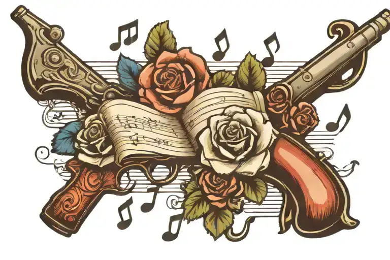music notes,guns and 100 dollar bill roses tattoo design idea