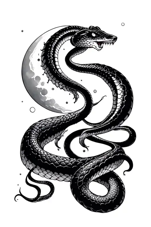 snake shedding skin on the moon tattoo design idea
