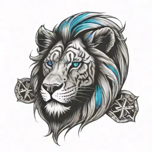 battled lion face with blue eyes and a cross in the background tattoo design idea