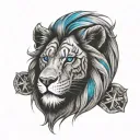 battled lion face with blue eyes and a cross in the background tattoo design idea