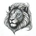 battled lion face with blue eyes and a cross in the background tattoo design idea