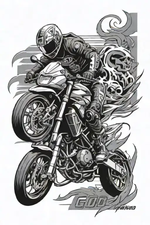 Arm tattoo with Kawasaki ninja doing a burning out up the arm  with tire marks, saying god speed, with everything on the tattoo design idea