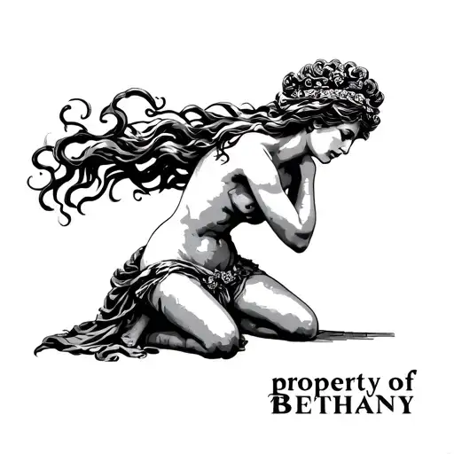 "property of Bethany" medusa goddess with a kneeling male slave tattoo design idea