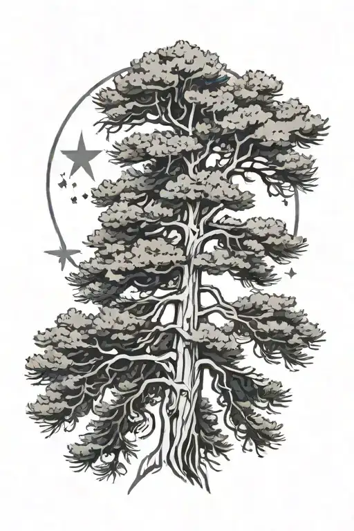 fine line white pine tree with north star tattoo design idea