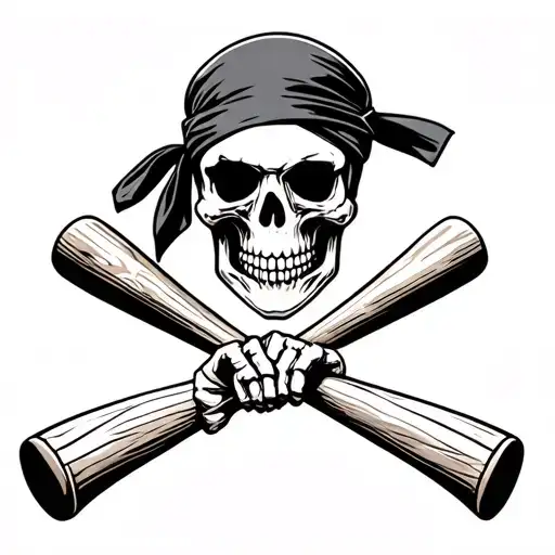 biker skull wearing a bandana with skeleton hands holding two crossed wooden baseball bats in the background tattoo design idea