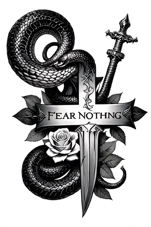 a snake wrapping around a cross with the words FEAR NOTHING and with a dagger going through the cross and roses tattoo design idea