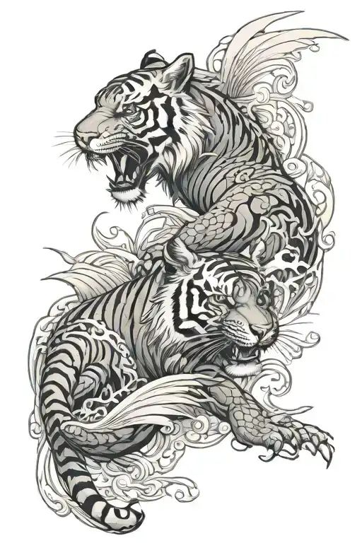 Tiger and Dragon fly on ocean waves tattoo design idea