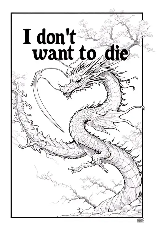 "I don't want to die" japanese dragon flying, cherry blossom tree in the background, reaper scythe near the head tattoo design idea