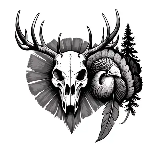 coyote mountain deer skull turkey feather river pines tattoo design idea