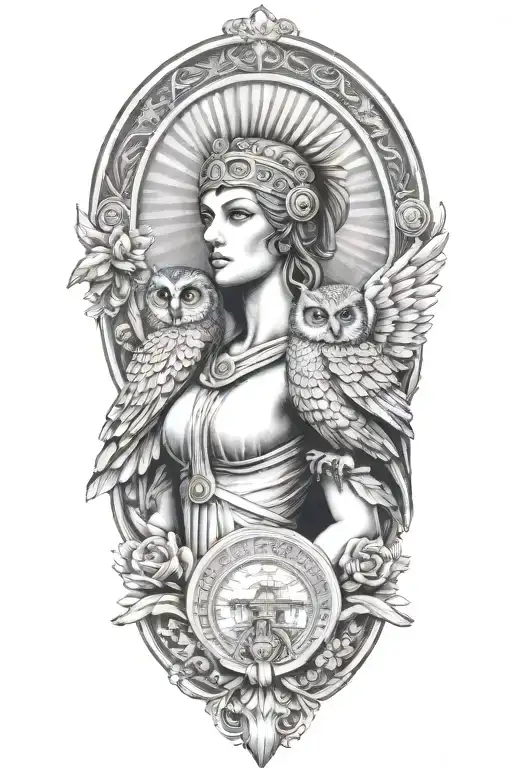 athena greek goddess with owl and parthenon tattoo design idea