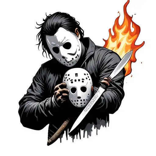 Michael myers holding hockey mask in hand holding knife in other hand flames tattoo design idea