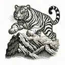 A tiger gracefully leaping over a mountain range, symbolizing strength and resilience tattoo design idea