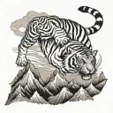 A tiger gracefully leaping over a mountain range, symbolizing strength and resilience tattoo design idea