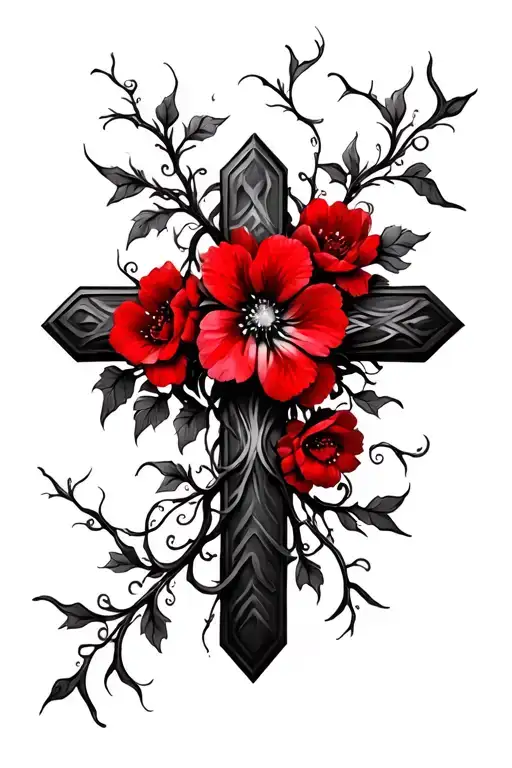 cross with vines and red flowers tattoo design idea