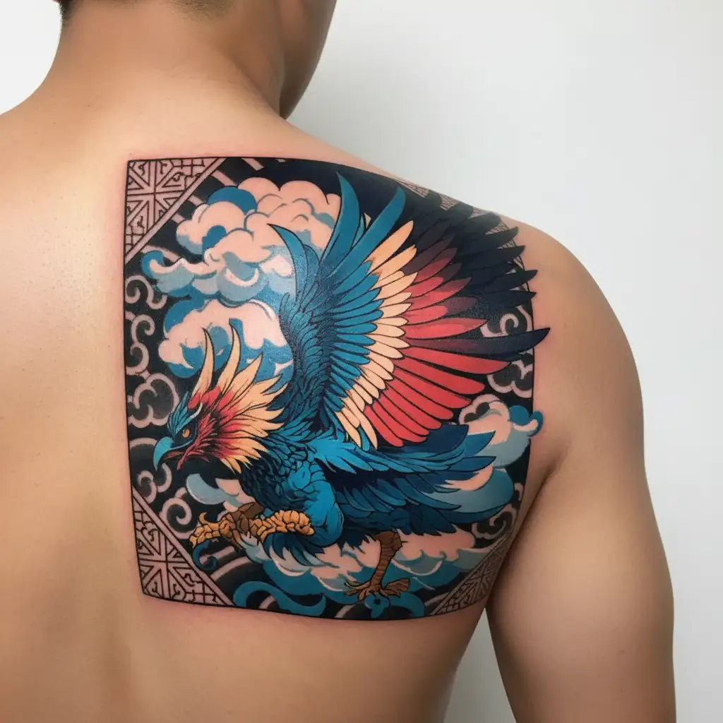 garuda / cloud background / flying / full power tattoo design idea