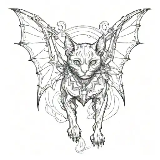 black cat with bat wings and fangs tattoo design idea
