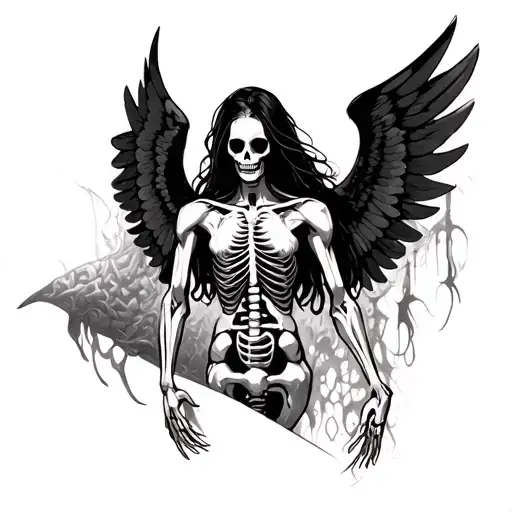 Winged figure, muscles left, skeleton right, intestines, stitched eyes, long hair, haunting look, slight right pose tattoo design idea