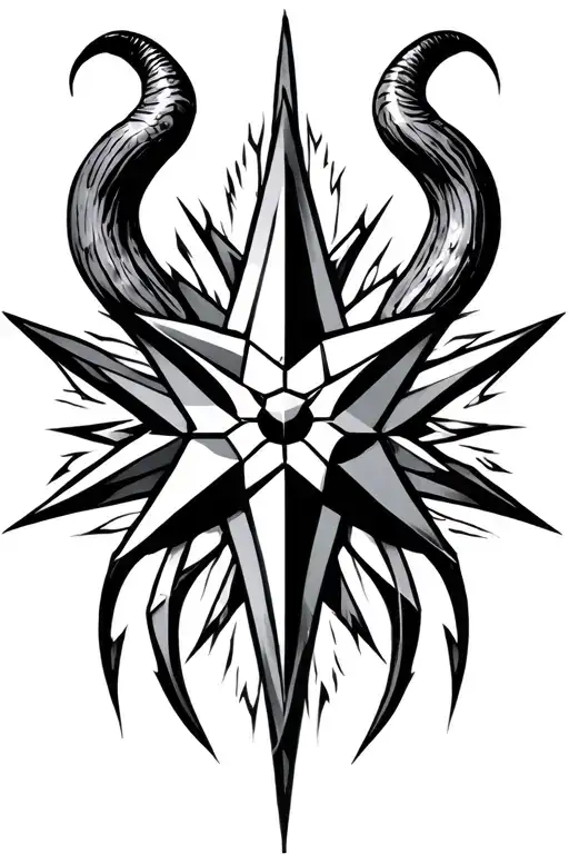 Blackwork tattoo design, 8-pointed chaos star with spear-like arrow tips, two large curved horns integrated  tattoo design idea