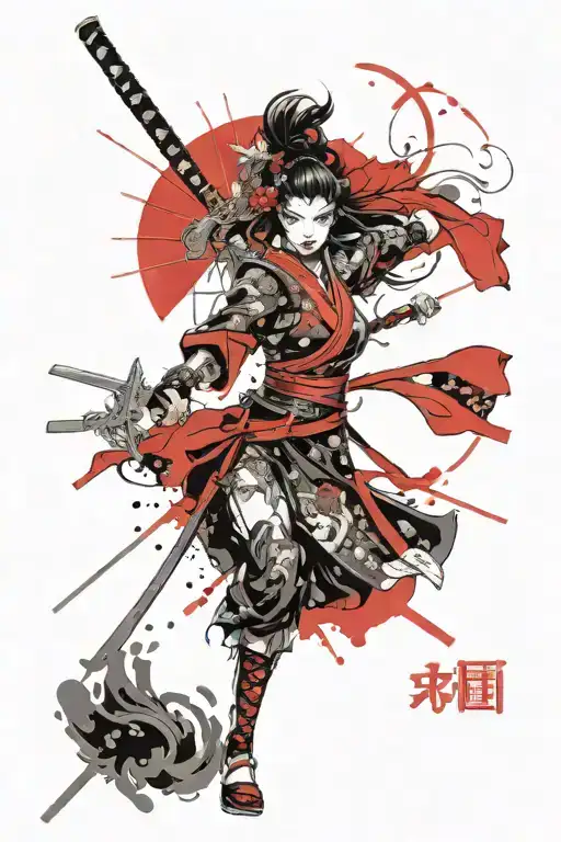 samurai girl demon warrior wielding a sword tattoo design idea