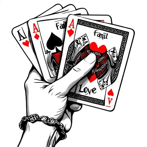 hand holding poker 4 poker cards(jokers) on firts card on the edge write familiy, on secound frienda, third love, fourth tattoo design idea