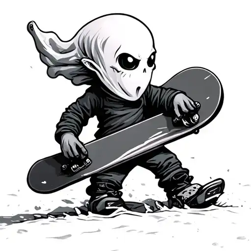 a   child cartoon drawing of a ghost with a snowboard under his arm tattoo design idea