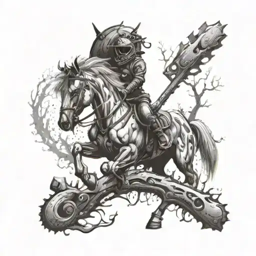 A surreal image of a horse morphing into a chainsaw amidst a mystical forest backdrop tattoo design idea